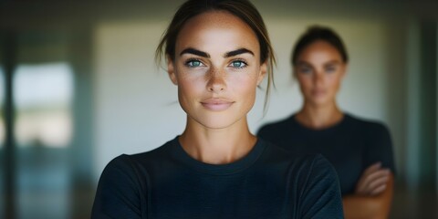 Two women with striking features in dark athletic wear, one in focus in front, and another slightly blurred in the background. Concept Portrait Composition, Striking Features, Athletic Wear