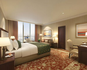 Luxurious hotel room with city view, featuring a king-size bed, comfortable seating, and a spacious work desk. Ideal for travel, accommodation, and hospitality marketing.