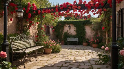 A garden with a bench and a trellis of red roses