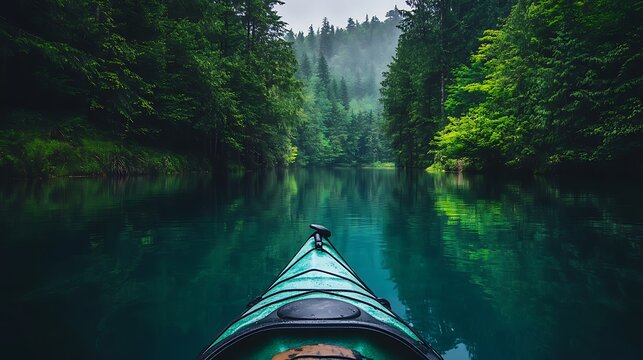 lone kayak calm crystal-clear lake lush green forest