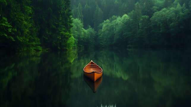 lone kayak calm crystal-clear lake lush green forest - Powered by Adobe