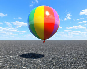 A brightly colored striped balloon tethered to the ground against a vast, empty asphalt expanse under a vibrant blue sky.  Concept of dreams, aspirations, or possibilities.