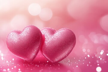 Fototapeta premium Two sparkling pink hearts on a soft background symbolize love and affection