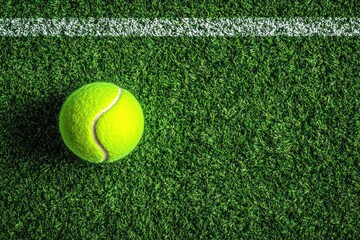 Close-Up of Vibrant Green Tennis Ball on Artificial Grass Court Dramatic Lighting Textures Top-Down Perspective