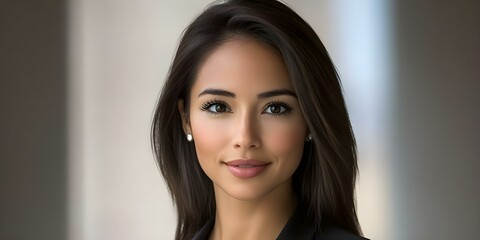 Fototapeta premium A woman with long dark hair and a warm smile, dressed in a professional look, standing in a softly lit environment. Concept Professional Attire, Warm Smile, Soft Lighting, Long Dark Hair