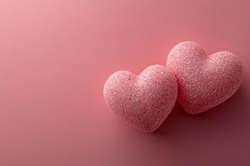 Fototapeta premium Two glittery pink hearts on a soft pink background representing love and affection in a romantic theme