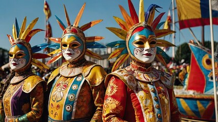 Fototapeta premium Three people in colorful costumes stand in a crowd