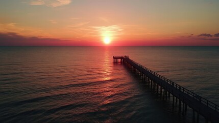 Fototapeta premium A long wooden pier stretches into the ocean as the sun sets, casting a golden glow on the water.