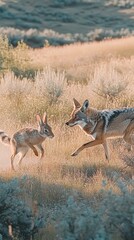 A coyote chasing a rabbit in a sunlit field, showcasing nature's predator-prey dynamic.