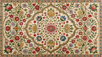 Naklejka premium Intricate floral pattern with Mughal-style calligraphy and ornate details, mughal art