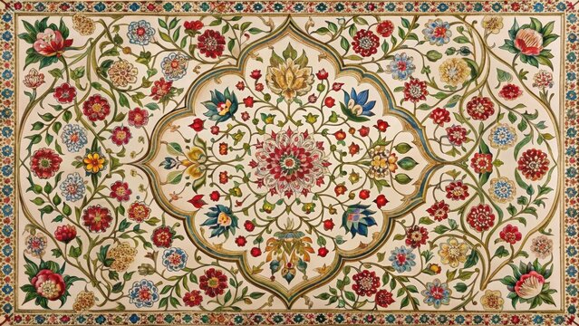 Intricate floral pattern with Mughal-style calligraphy and ornate details, mughal art