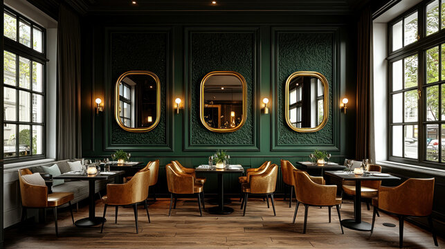 Empty elegant restaurant interior with dark green walls, gold details, and black tables.