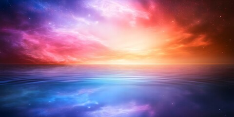 Fototapeta premium A vibrant cosmic scene with colorful clouds and a calm ocean reflecting the vivid hues at sunrise or sunset. Concept Cosmic Serene Reflection, Vivid Sunrise/Sunset, Colorful Cloudscape
