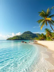 Gordijnen Beautiful palm tree on tropical island beach on background blue sky white clouds turquoise ocean on sunny day. Perfect natural landscape for summer vacation destination. Amazing nature wallpaper © icemanphotos