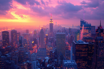 Vibrant sunset over illuminated New York City skyline.