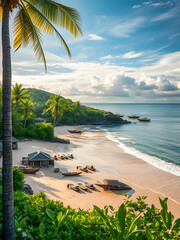 Beautiful palm tree on tropical island beach on background blue sky white clouds turquoise ocean on sunny day. Perfect natural landscape for summer vacation destination. Amazing nature wallpaper