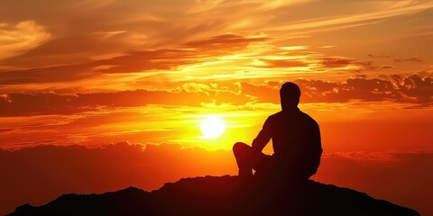 A person sitting peacefully on a mountain top enjoying a sunrise.