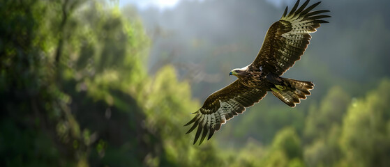 Obraz premium Majestic Eagle Soaring Above Lush Green Landscape in Early Morning Light