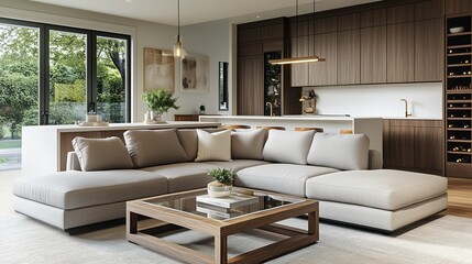 A modern living room with a light grey sectional, a wooden coffee table with a glass top, and a sleek pantry kitchen wall in the background featuring dark wood cabinets and a white quartz countertop. 