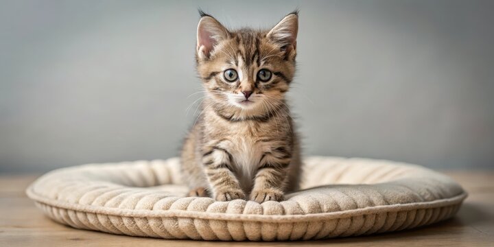 Adorable tabby kitten sitting on a soft cushion, relaxation, furniture,  relaxation, furniture, home, feline