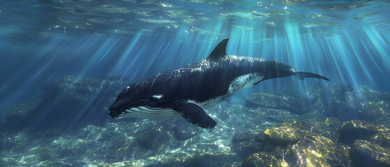 Fototapeta premium Majestic Whale Swimming Gracefully Beneath Sunlit Waves in Clear Ocean Waters