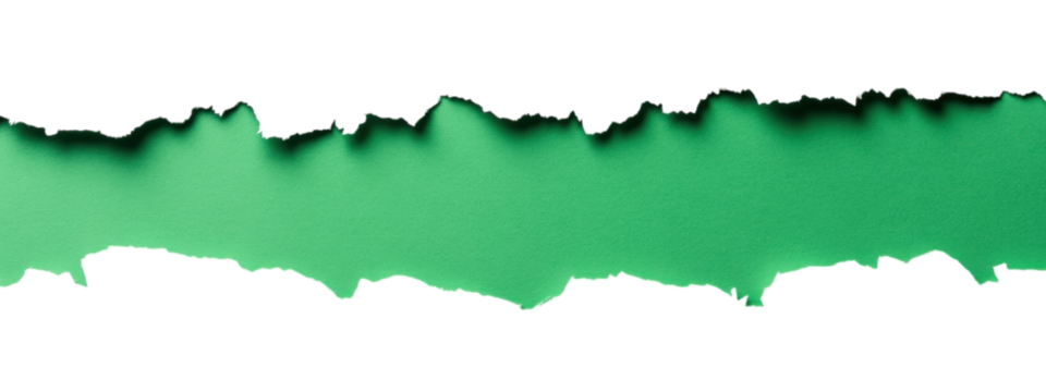 Torn Green Paper on White Background, vibrant green sheet with jagged edge, minimalist design, ideal for text placement, striking contrast