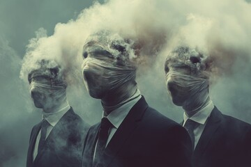 Three men in suits with ties and masks on their faces