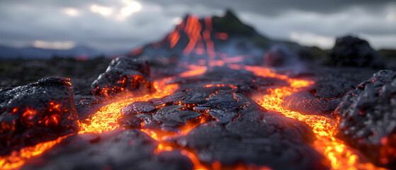 Erupting Volcano Landscape with Flowing Lava and Smoky Skies During Dramatic Sunset Scene in Nature