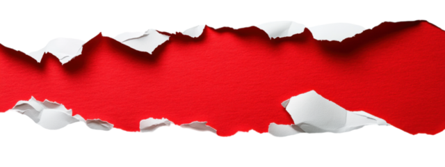 Torn Paper Contrast, vibrant red sheet with jagged edge on white background, minimalist design invites bold text placement, striking visual appeal.