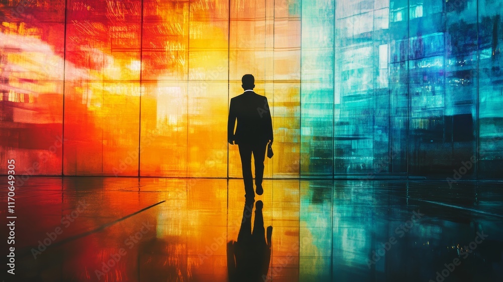 Canvas Prints a man walks through a colorful room with a reflection of him in the floor