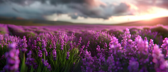 Fototapeta premium Beautiful Lavender Field Under Dramatic Sky at Sunset, Capturing the Essence of Nature's Tranquility and Colorful Splendor