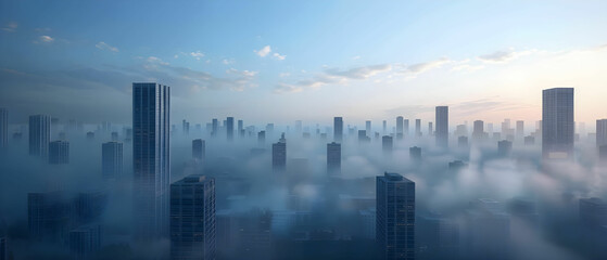 Obraz premium Misty Urban Landscape at Dawn Over a City Skyline with Skyscrapers and Fog