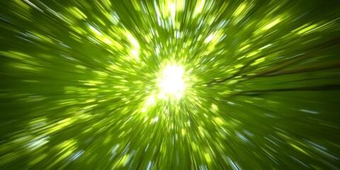 A vibrant burst of green foliage with light streaming through, creating a sense of depth and movement in a forest setting. Concept Forest Foliage, Light and Shadows, Depth and Movement