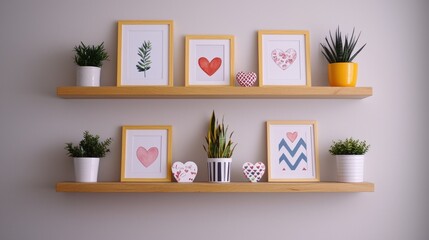 Stylish kitchen and shelf displays, A stylish wall shelf display featuring framed art, heart motifs, and potted plants, creating a cozy and inviting atmosphere.