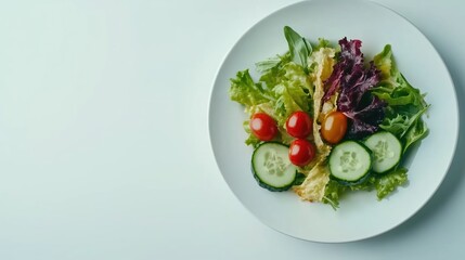 Fresh Salad Plate with Greens, Tomatoes, and Cucumbers on Minimal Background