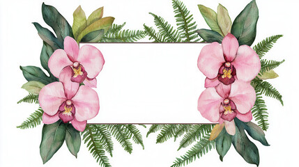 Simple watercolor colorful blossom frame border. Floral frame featuring pink orchids and green ferns with a blank center for text or images.