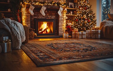 Cozy Christmas living room with fireplace, tree, and gifts.