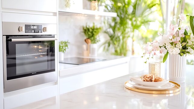 Modern kitchen interior with built-in oven, countertop, flowers, and pastries.