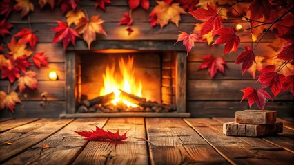 Obraz premium Cozy autumn evening with red leaves on wooden planks and a warm fireplace, red leaves