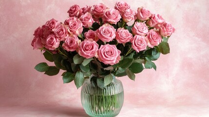 Fototapeta premium Beautiful bouquet flowers pink roses in vase on pastel pink background table. Birthday, Wedding, Mother's Day, Valentine's day, Women's Day. Front view 