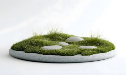 Round stone base with grass and stones.