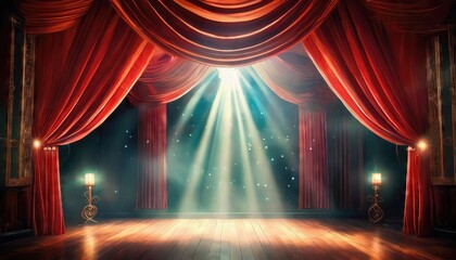 Enchanting Magic Theater Stage with Rich Red Curtains and Brilliant Spotlight A Captivating Visual Experience for Performances and Events