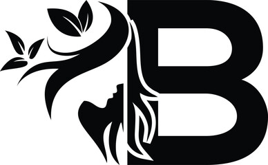 B beauty logo. Beauty logo design. letter B with woman hair, face and leaf silhouette ornament. Suitable for beauty care service logo