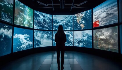 Woman Observing Global Satellite Imagery on Large Screens