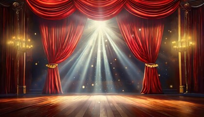 Magic Theater Stage with Red Curtains and Spotlight A Captivating Scene of Dramatic Performance and Enchantment Awaiting the Audiences Arrival