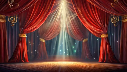 Magic Theater Stage with Red Curtains and Spotlight A Captivating Scene of Dramatic Performance and Enchantment in a Theatrical Setting