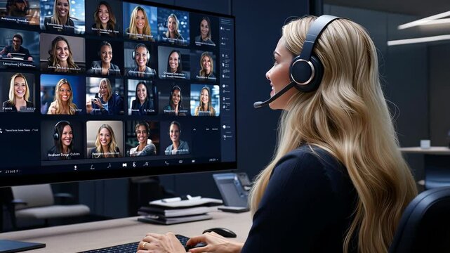 Professional woman communicates with multiple attendees during an online meeting, showcasing teamwork in a sleek office environment