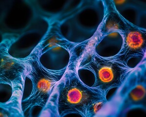 Microscopic view of cells interconnected network, vibrant colors, intricate details of cellular structures, medical research, scientific discovery