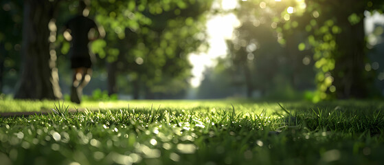 Fototapeta premium Man Jogging Through Lush Green Park Pathway Under Bright Morning Sunlight with Bokeh Effect Background