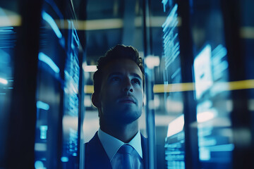 A pensive businessman analyzes data streams displayed on large digital screens, illuminated in cool blue light.  He contemplates complex information and future strategies.